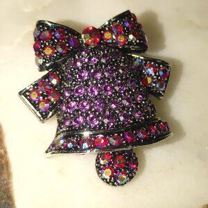 Rhinestone Gems Red Fire Purple Bell Brooch Pin Bow Moving Vintage Silvertone